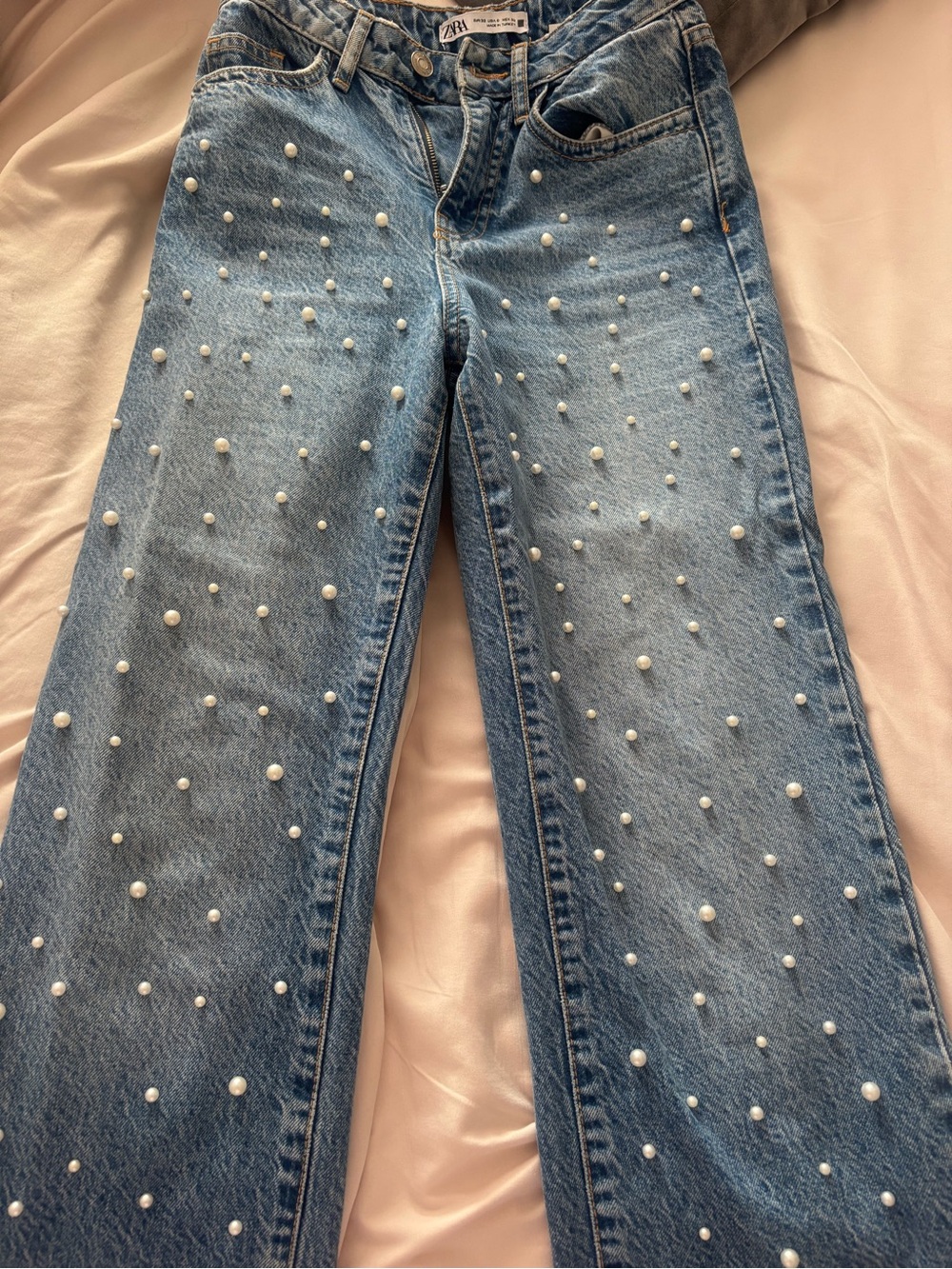 Zara Light Blue Straight-Leg Jeans with Pearl Studs